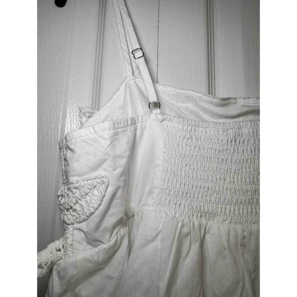 White Cottagecore Mini Dress Crochet Floral Boho Sundress Size L 10 - Picture 11 of 11